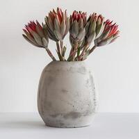 ein minimalistisch Beton Vase hält ein auffällig Protea Strauß. foto