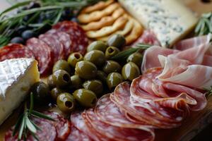 köstlich Wurstwaren Tafel mit geheilt Fleisch, Käse, Oliven und Cracker. foto