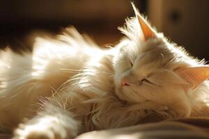 ein zufrieden Türkisch Angora Katze Pflege selbst im das warm glühen von ein Sonnenstrahl, es ist lange Weiß Pelz schimmernd mit Hinweise von Silber foto