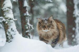 ein majestätisch norwegisch Wald Katze herumstreifen durch ein schneebedeckt Wald, es ist dick Pelz behalten es warm gegen das kalt foto