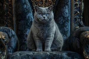 ein majestätisch britisch kurzes Haar Katze Sitzung königlich auf ein Samt Thron, es ist dicht Mantel schimmernd mit Schatten von Blau und Silber foto