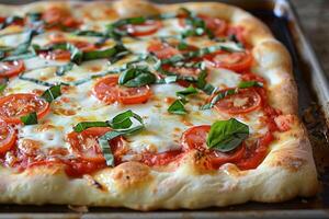 Margherita Pizza mit geschmolzen Mozzarella und frisch Basilikum und reif Tomaten foto