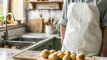 Kochen Kartoffeln auf Tabelle im Küche mit einfach Schürze foto