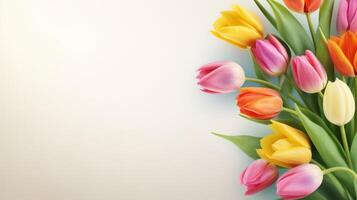 bunt Tulpen blühen im Frühling Garten isoliert auf Weiß Banner zum Kopieren Raum beschwingt Blumen- Natur zum Text und Beförderung foto