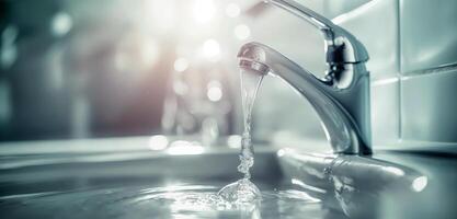 Header schließen oben Foto von Wasserhahn mit Wasser Laufen von klopfen.