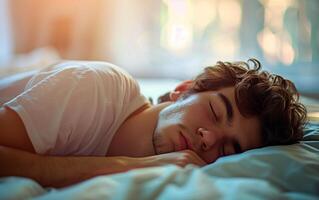 Porträt von jung Mann Schlafen im Bett. foto