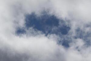 Wolkenlandschaft Landschaft, bedeckt Wetter über dunkel Blau Himmel. Sturm Wolken schwebend im ein regnerisch Stumpf Tag mit natürlich Licht. Weiß und grau szenisch Umgebung Hintergrund. Natur Sicht. foto