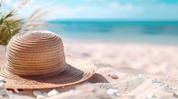 Sommer- Hintergrund, sandig Strand, Ozean und Muscheln, Blau Himmel, Produkt Präsentation, saisonal Vorlage mit Kopieren Raum Bereich, ästhetisch Banner, foto