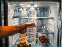 Hand greifen leer Wasser Flasche von das Kühlschrank, Flüssigkeitszufuhr, Erfrischung Getränk Konzept, Hintergrund foto