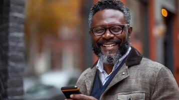 Mann mit Bart und Brille suchen beim Zelle Telefon. generativ durch ai foto