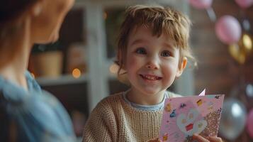 lächelnd wenig Mädchen halten Karte. generative-ai foto