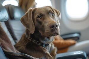 Hund Sitzung auf Flugzeug Sitz. foto