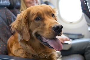 Hund sitzend auf Flugzeug. generative-ai foto
