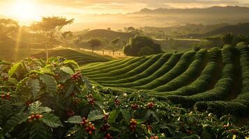 Sonnenaufgang Über üppig Kaffee Plantage Hügel. foto