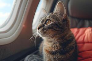 Katze Sitzung auf Sitz, suchen aus Flugzeug Fenster. generative-ai foto