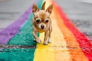 Chihuahua Haustier Hund im Stolz Parade. Konzept von lgbtq Stolz. foto