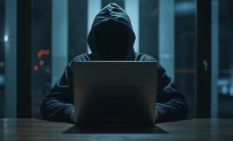 modisch anonym Hacker Tippen Computer Laptop. Cyberkriminalität, Cyber Attacke, dunkel Netz Konzept. foto