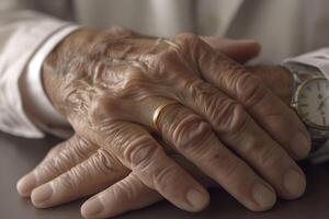 Hand von ältere Frau. Konzept von rheumatoide Arthritis, Arthrose, oder Joint Schmerz. foto