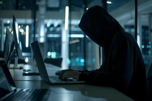 anonym Hacker Tippen Computer Laptop. Cyberkriminalität, Cyber Attacke, dunkel Netz Konzept. foto