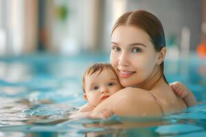 schön kaukasisch jung Mutter und ihr Baby im das Schwimmen Schwimmbad. foto