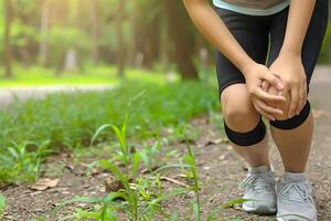 Knie Joint Schmerzen im Sportlerin im das Park foto