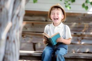 süß wenig Junge lesen heilig Bibel Buch beim Landschaft foto