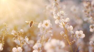 Nahansicht Aussicht von fliegend Honig Biene zwischen Blumen foto