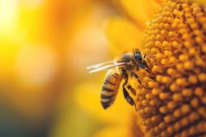 Nahansicht Aussicht von Honig Biene bestäubend Sonnenblume foto