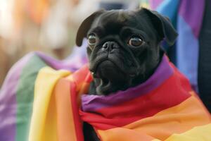 modisch Mops Haustier Hund im Stolz Parade. Konzept von lgbtq Stolz. foto