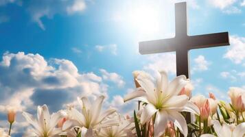 ewig hoffen - - hölzern Kreuz und Weiß Lilien unter Blau Himmel foto