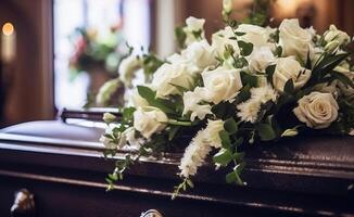 heiter Tribut - - Beerdigung Strauß von Weiß Blumen auf Sarg Deckel foto