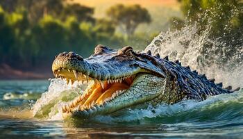 ein Salzwasser Krokodil öffnet es ist Kiefer wie es bricht aus aus von das Jäger Fluss, Teil von das Kimberley Region foto