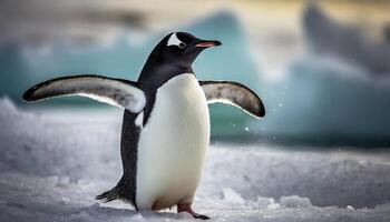 Gentoo Pinguin läuft Über das Küste. Falkland Inseln, Süd atlantisch Ozean, britisch Übersee- Gebiet foto