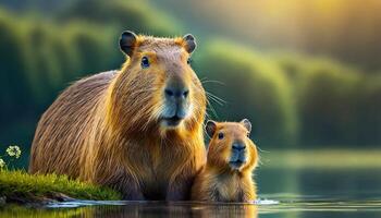 schließen oben von ein Capybara und Baby im ein See foto