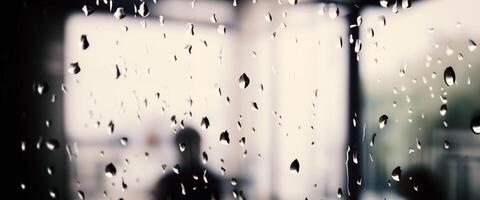 Regen fallen auf Fenster Glas von Kaffee Geschäft und verschwommen Stadt Leben Hintergrund. regnerisch Jahreszeit und verschwommen Menschen Stadt Tag Leben oder Bokeh Nacht Beleuchtung draußen Fenster. Kaffee Geschäft Fenster bedeckt mit Regen Wasser foto