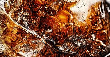 Cola mit Eis. schließen oben von das Eis Würfel im Cola Wasser. Textur von Karbonat trinken mit Luftblasen im Glas. Cola Limonade und Eis planschen Sprudeln oder schwebend oben zu oben von Oberfläche. kalt trinken Hintergrund. foto