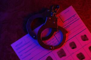 Antragsteller oder Fingerabdrücke Karte mit Polizei Handschellen auf Tabelle im dunkel Zimmer foto