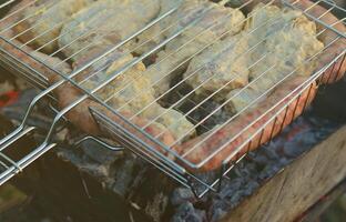 Schaschliks aus Hähnchenflügeln werden auf dem Feld gebraten. ein klassisches Barbecue unter freiem Himmel. der Prozess des Bratens von Fleisch auf Holzkohle foto