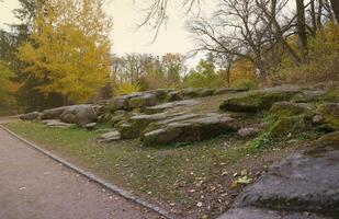 schön Natur Herbst Landschaft. Landschaft Aussicht auf Herbst Stadt Park mit golden Gelb Laub im wolkig Tag foto