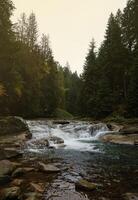 ein hell Blau Fluss fließend durch Wald wie das Sonne beginnt zu einstellen im ein versteckt Park entlang das szenisch Fahrt im hoverla Berge Bereich foto