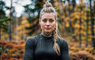 blond tätowiert Frau im Fitness Kleidung posiert selbstbewusst draußen im Herbst Natur foto