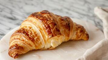 golden köstlich Croissant mit flockig Gebäck auf ein Marmor Arbeitsplatte im ein Französisch Bäckerei Rahmen zum Frühstück foto