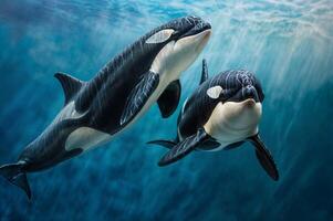 Orca Wale Schwimmen anmutig unter Wasser mit Marine Tierwelt Eleganz foto