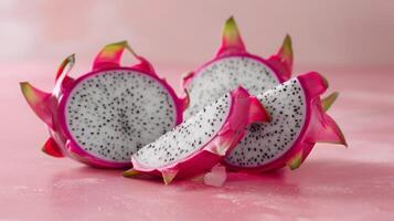 geschnitten Drachen Obst mit Rosa exotisch Haut und beschwingt tropisch Frische zeigen Saat und reif Textur foto