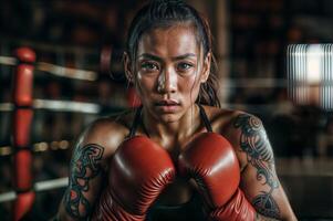 muay thailändisch weiblich Kämpfer mit sportlich bauen und Boxen Handschuhe zeigt an Entschlossenheit und Stärke im Kampf Sport Fitnessstudio foto