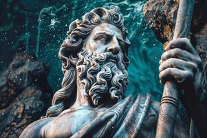 Marmor Poseidon Skulptur zeigt griechisch Gott Mythologie mit Meer Dreizack Kunst foto