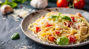 köstlich Carbonara Pasta Italienisch Käse Basilikum Tomate Gourmet Mahlzeit auf ein gut garniert Teller foto