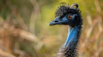 Emu Vogel Tierwelt Natur Porträt mit Gefieder, Schnabel, und Blau Augen gegen ein Bokeh Hintergrund foto