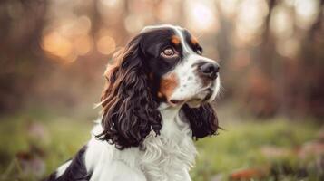 Englisch Springer Spaniel Hund Porträt Vitrinen das Niedlich, inländisch, und Eckzahn Natur von ein Haustier im ein draussen Rahmen foto