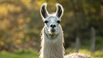 Lama Porträt mit Tierwelt, Natur, draußen, Tier, Bokeh, Fell, Augen, und Ohren im still golden Stunde Licht foto